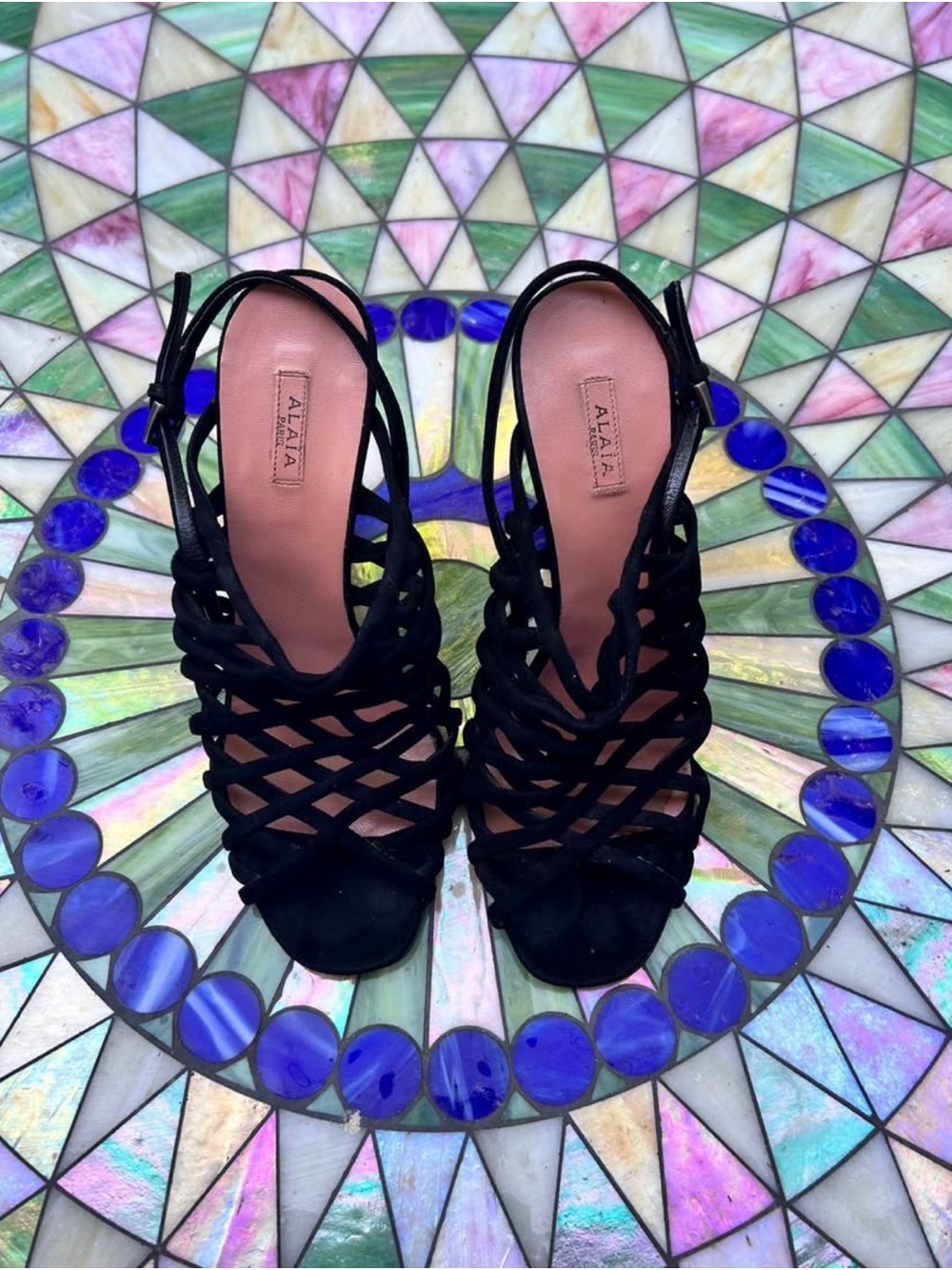 Alaia Black Suede Lattice Strappy Slingback Heels
